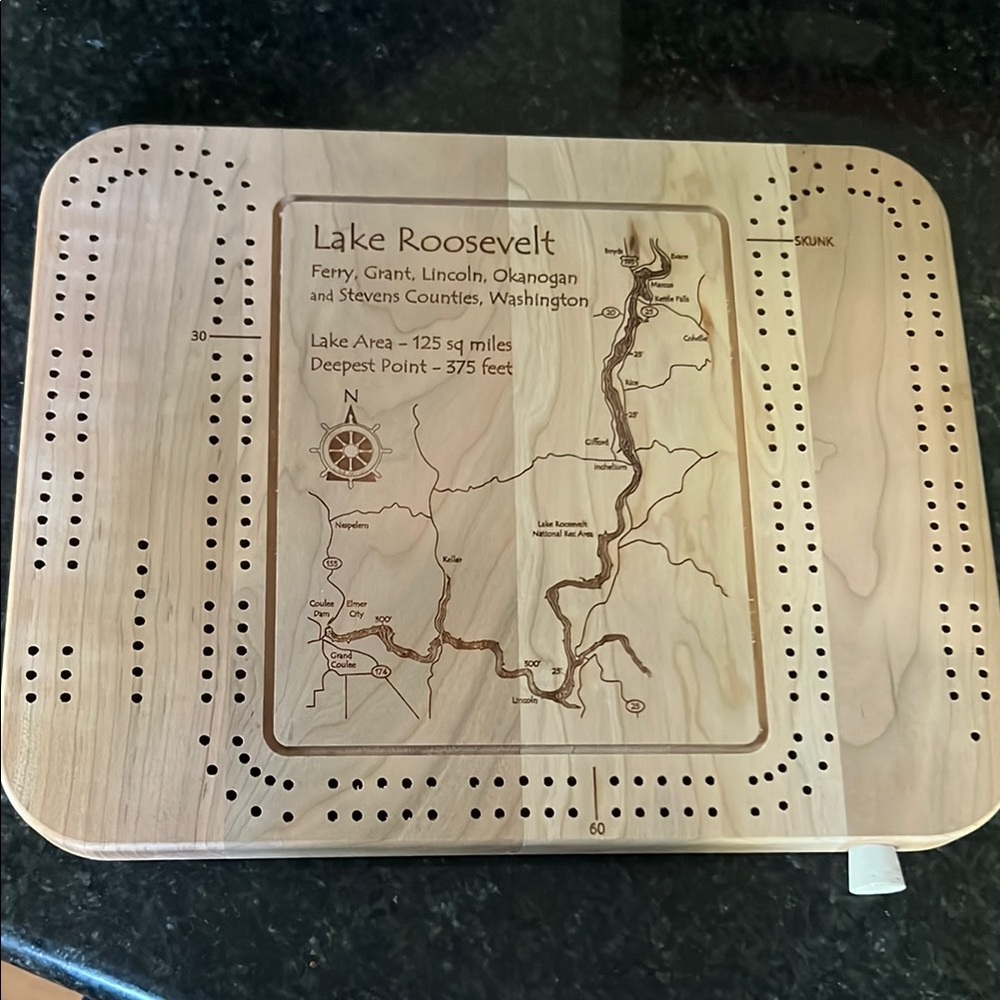 Custom Made Wooden Lake Roosevelt Cribbage Board